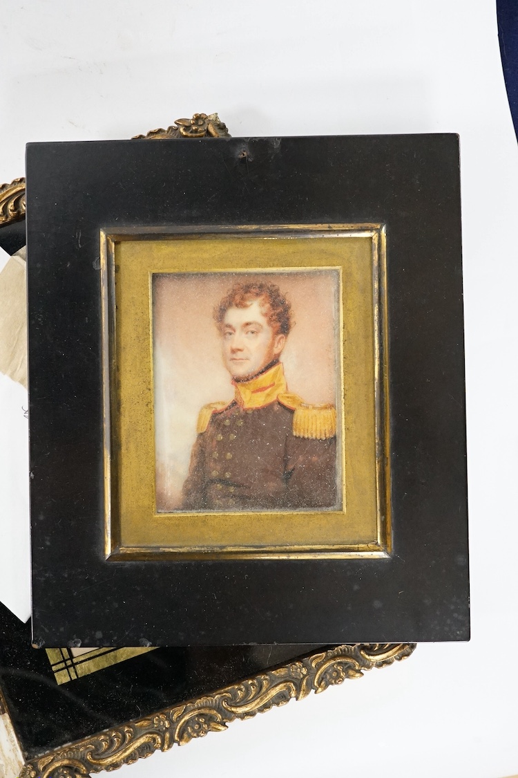 A First World War medal trio awarded to Lieut. W. Cleveland-Stevens. R.N.V.R., together with a miniature on ivory of a 19th century Captain with description to reverse, a signed military coloured engraving, a paper knife
